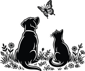 Dog cat and butterfly silhouette against a white background © AhsanunNahar
