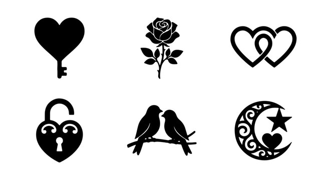 Romantic Love Icons: Heart Key, Rose, Linked Hearts, Birds, Crescent Moon, Lock