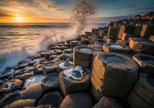 Basalt Columns at Giant's Causeway, focusing on the perfect hexagonal stone geometry and crashing sea foam.