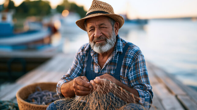 Elderly fisherman repairing net by hand on quiet wooden dock at summer dawn, rural coastal lifestyle, traditional craft, generational occupation, peaceful morning solitude, Fathers Day honoring labo