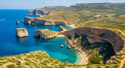 Naklejka premium Rugged coastal cliffs frame a secluded cove with azure waters