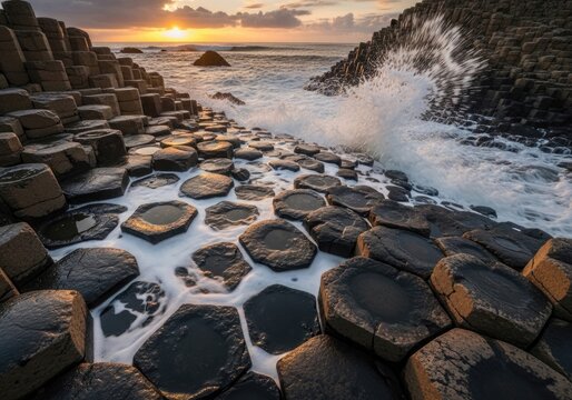 Basalt Columns at Giant's Causeway, focusing on the perfect hexagonal stone geometry and crashing sea foam.