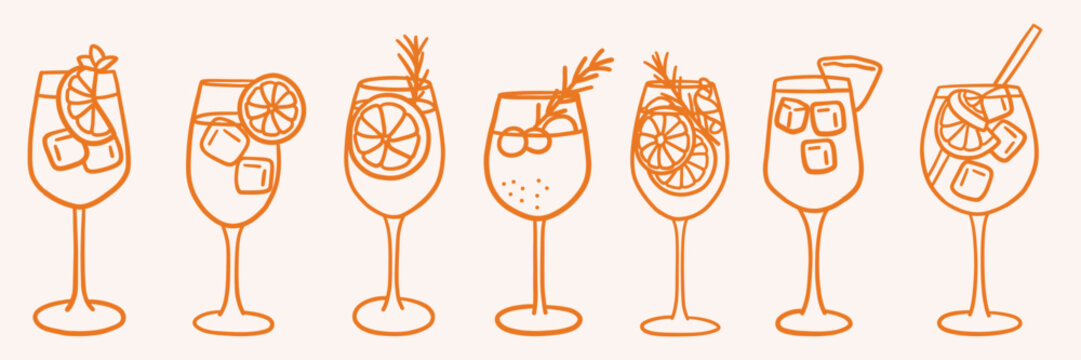 Aperol spritz doodle set. Minimal line art drinks illustrations for Invitations, menus.