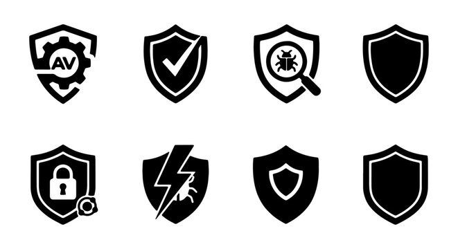 Shield Icons: Security, Protection, Antivirus, Lock, Bug, Safety Vector Set