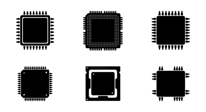 Microchip Icons, Computer Processor Set, Electronic Components Vector Collection