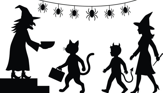 Halloween Silhouette Of Witches Cat And Devil On White Background