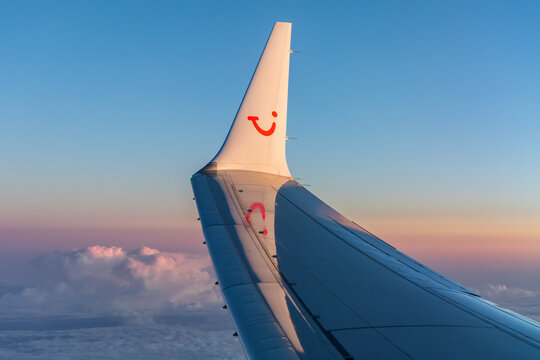 TUI logo on wing tip of a Boeing 737 MAX 8 airplane at Gran Canaria airport in Spain