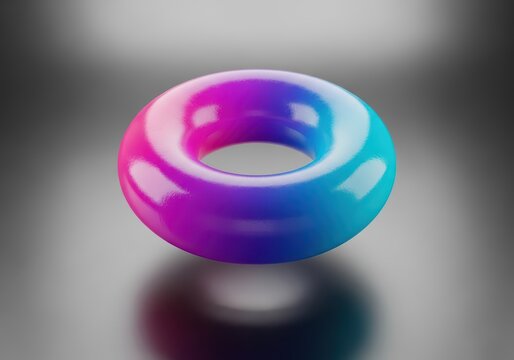 A sleek three-dimensional torus ring with a glossy finish floats in soft, diffused light, showing elegant reflections and subtle shadows, donut, abstract, spherical