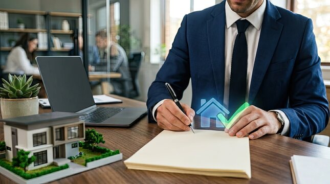 Real Estate Agent Reviewing Property Documents with Miniature House Model.