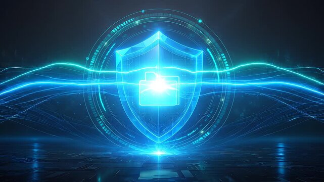Glowing blue digital shield holographic document icon secure data protection concept encrypted safety technology feeling