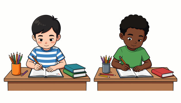 Two Children Studying at Wooden Desks with Books and Pencils