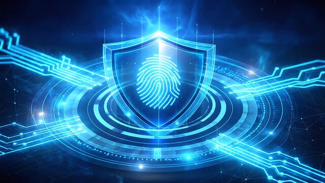 Glowing blue digital shield fingerprint icon rotating holographic circle security technology abstract feeling safe protected