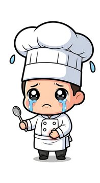 Sad, crying chef in uniform holding a spoon