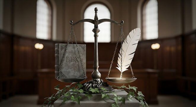 Scales of justice, book, and quill symbolize legal wisdom and fairness