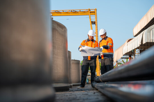 Asian construction engineer and supervisor checking blueprint for heavy steel pipeline material inspection. Commercial industrial infrastructure project and logistics supply chain management.