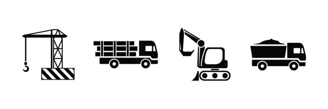 Heavy Construction Equipment Icon Set Vector with Excavator, Loader, Backhoe, Skid Steer, Truck, and Machinery Silhouettes in Flat and Outline Styles