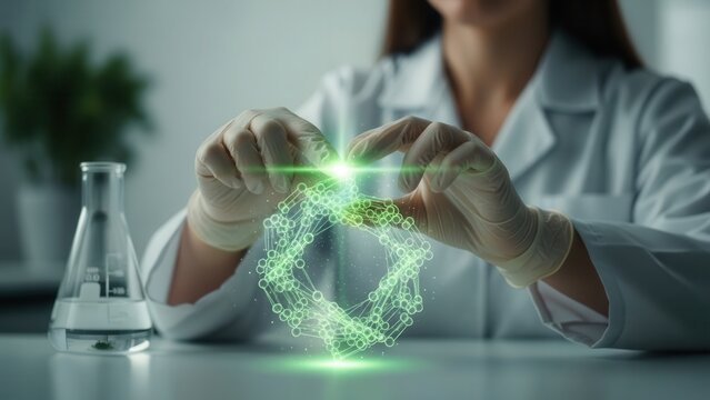 Scientist in a laboratory wearing gloves holding a glowing green digital molecular structure model above a glass erlenmeyer flask