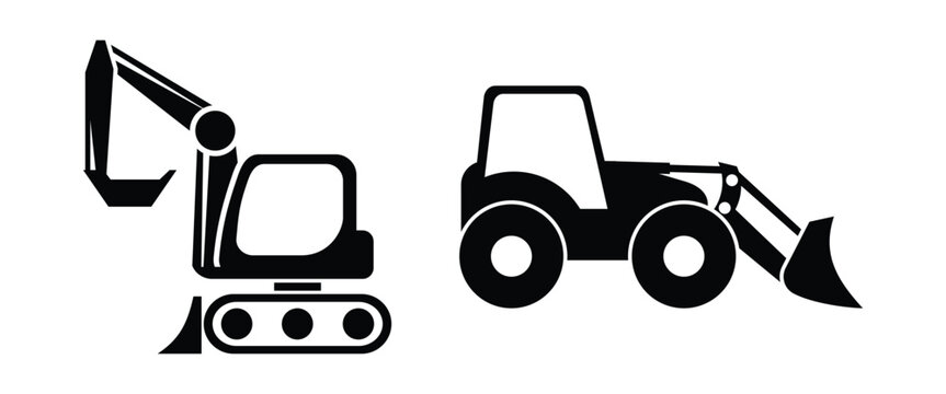 Heavy Construction Equipment Icon Set Vector with Excavator, Loader, Backhoe, Skid Steer, Truck, and Machinery Silhouettes in Flat and Outline Styles
