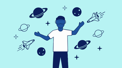Person in VR headset exploring virtual space with planets and rockets © Vectora