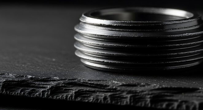 A 45 adapter for vinyl records rests on a textured black slate surface, captured with shallow depth of field in a minimalist and professional setting