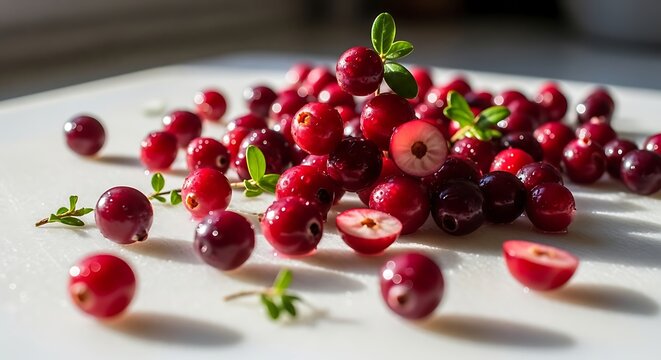 Scattered, glistening red berries, some halved, with vibrant green leaves, on white surface
