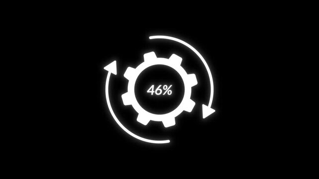 Gear with Rotating Arrows and Counter from 0 to 100 percent on Black Background