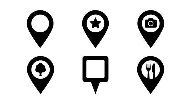 Location Pin Icons Set: Map Markers, Navigation Symbols, Travel, Business, Food, Nature, Photography