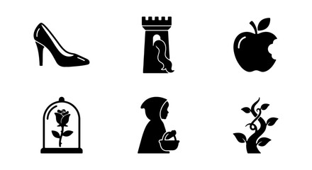 Fairy Tale Icons: Glass Slipper, Tower, Apple, Rose, Girl, Beans Vector Set © ROSE