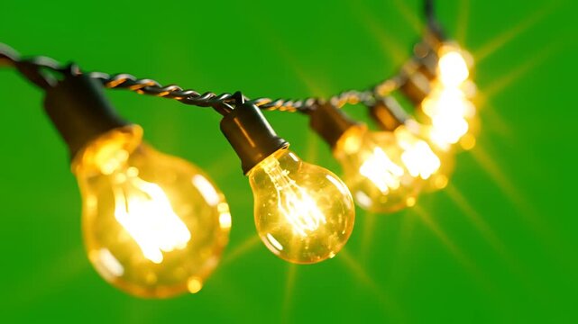 Close up of glowing string lights on a green background.