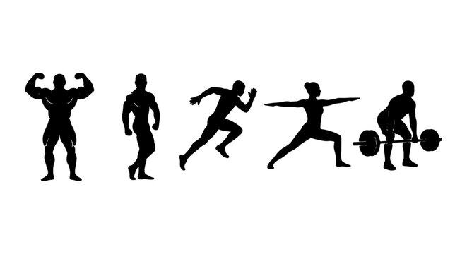 Fitness Silhouette Icons: Weightlifting, Running, Yoga, Bodybuilding, Athlete Poses