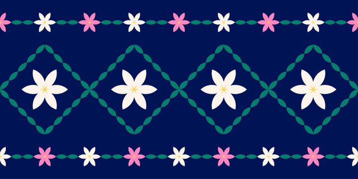 Geometric pattern seamless white jasmine flowers and pink flowers on navy blue background. Design for fabric, background, wallpaper, Vector illustration.