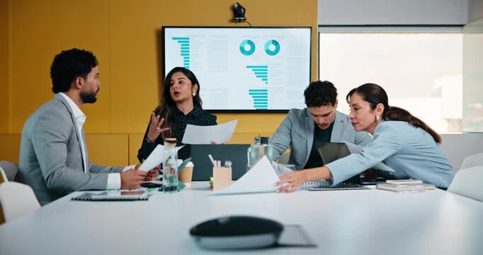 People, talk and meeting in office with documents, marketing analytics and forecasting for campaign. Team, strategy or discussion in business with paperwork, graphs or stats for advertising insights.