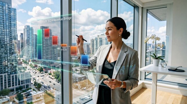 Businesswoman analyzing FY 2024 revenue bridge hologram in modern office with city view