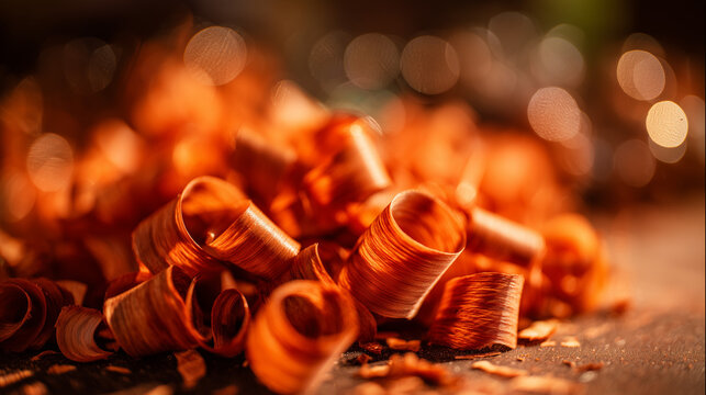 padauk. Curly, orange-red wood shavings from padauk piled on a workshop floor. safety posters, maintenance manuals, designed for precision metalworking and fabrication facilities.