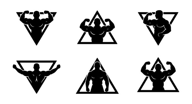 Bodybuilder silhouette vector set, strong muscular men, fitness gym workout icons