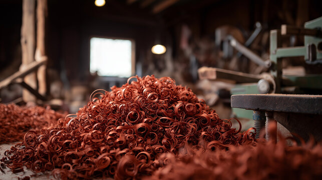 padauk. Curly, orange-red wood shavings from padauk piled on a workshop floor. safety posters, maintenance manuals, designed for precision metalworking and fabrication facilities.
