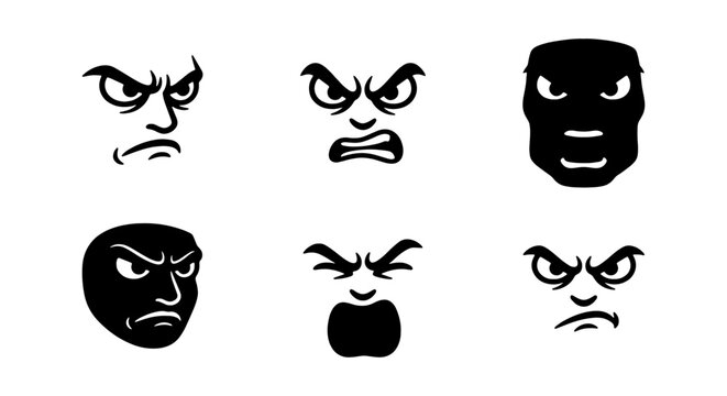 Angry face expressions, furious emotion, mad character, black and white vector set