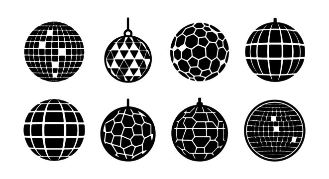 Disco ball vector icons, shiny party mirror balls, dance club light elements, celebration graphics