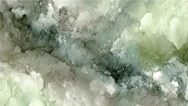 Abstract watercolor texture with soft pastel green and gray tones, delicate washes and subtle speckles, creating a serene and artistic backdrop 