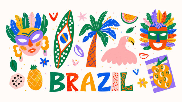 Brazil themed vector illustration featuring carnival masks tropical fruits palm trees and a toucan bird brazilian feathered tropics coconut pineapple mango