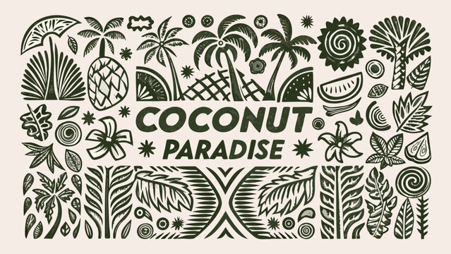 Coconut and palm leaf tropical pattern a dark green vector illustration on a light beige background coconuts leaves tropics botanical flora