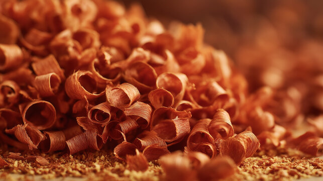 padauk. Curly, orange-red wood shavings from padauk piled on a workshop floor. safety posters, maintenance manuals, designed for precision metalworking and fabrication facilities.