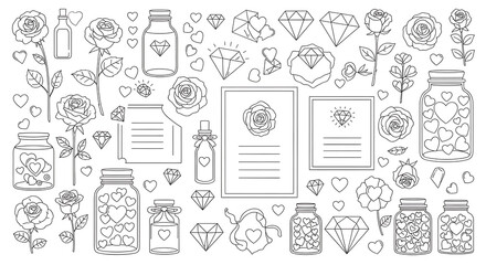 Fototapeta premium Minimalist line set of roses, hearts, jars, and diamonds isolated on a transparent background
