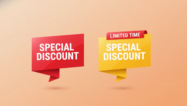 Red and yellow ribbon tags with "Special Discount" text, one with "Limited Time" banner, symbolizing sales, promotions, and offers with free space for text.