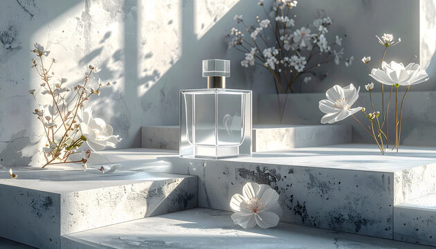 Brutalist Concrete & Glass Bloom: Luxury minimalist glass perfume bottle render product abstract serene elegance beauty cosmetic scene decoration floral display design