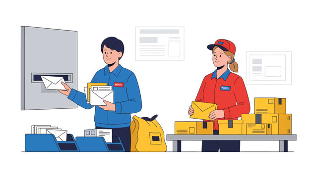 Postal Workers Sorting Mail and Packages: Two postal workers, a man and a woman, diligently sort letters and packages within a postal service facility. One worker inserts an envelope into a mail slot.