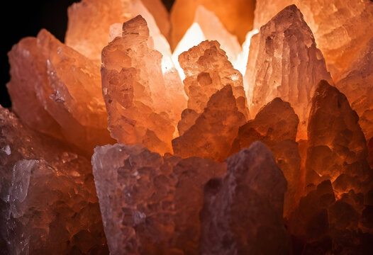 Glowing himalayan salt lamp close up emitting warm light