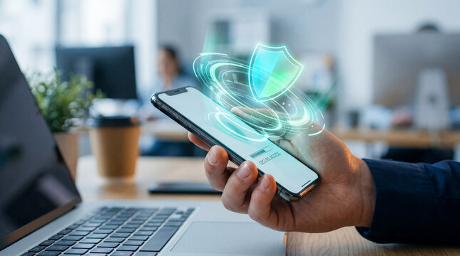 Hand holding smartphone with holographic shield security concept in modern office setting