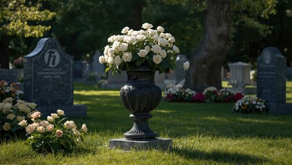 Obraz premium Graceful white roses in a dark stone urn embellish a grave, surrounded by other tributes and colorful blooms in a peaceful, green burial ground.
