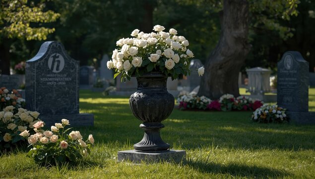 Graceful white roses in a dark stone urn embellish a grave, surrounded by other tributes and colorful blooms in a peaceful, green burial ground.